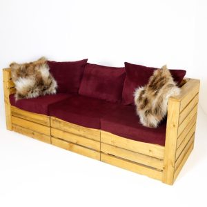Rustic 3 Seater Sofa with Red Velour Cushions